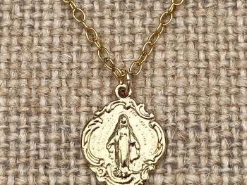 Gold Small Miraculous Medal, Antique Replica, Pendant Necklace, Blessed Virgin Mary, Our Lady of Lourdes, Petite Miraculous Pendant, MM3