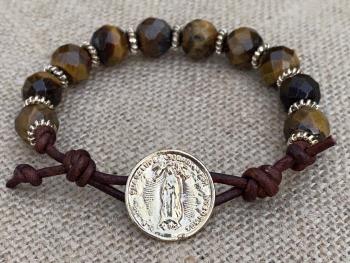 Gold Our Lady of Guadalupe Leather Bracelet, Yellow Tigereye Beads, Antique Replica Medal, Nuestra Señora de Guadalupe, Virgin of Guadalupe