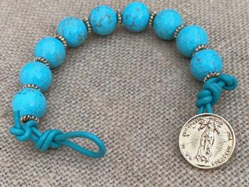 Our Lady of Guadalupe Gold & Leather Bracelet with Turquoise Howlite Gemstones and Button Closure Mexico Marian Antique Replica Mary Bronze