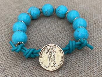 Our Lady of Guadalupe Gold & Leather Bracelet with Turquoise Howlite Gemstones and Button Closure Mexico Marian Antique Replica Mary Bronze