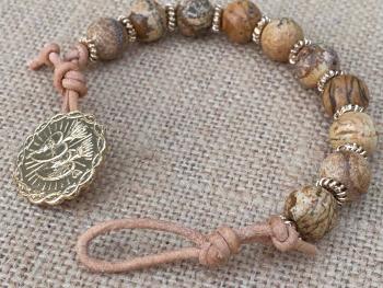 Gold Bracelet, Twin Hearts, Sacred Heart of Jesus, Immaculate Heart of Mary, Antique Replica Medal Button, Leather Bracelet, Picture Jasper