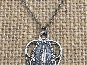 Sterling Silver Our Lady of Lourdes Heart Medal, Antique Replica, Pendant Necklace, Blessed Virgin Mary, French Marian Medal, From France