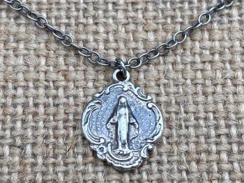 Sterling Silver Small Miraculous Medal, Antique Replica, Pendant Necklace, Blessed Virgin Mary, Our Lady of Lourdes, Our Lady Miracle, MM3