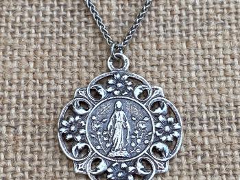 Sterling Silver Mary in a Flower Garden Our Lady of Grace Lourdes Antique Replica Medal Necklace Marian Holy Virgin Mother Fatima, Catholic