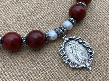 Sterling Silver Divine Mercy Chaplet Rosary Bracelet, Antique Replica, Divine Mercy Medal, St Faustina, Jasper Gemstones & Freshwater Pearls