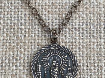 Bronze Our Lady of the Pillar Medal Pendant Necklace, Antique Replica, Blessed Virgin Mary, Spain, Nuestra Señora del Pilar, of the Pilar