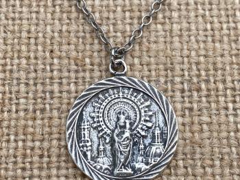 Sterling Silver Our Lady of the Pillar Medal Pendant Necklace, Antique Replica Medallion, Blessed Virgin Mary, Our Lady of the Pilar, Spain