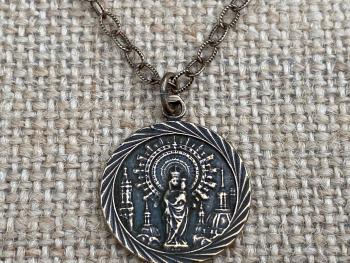 Bronze Our Lady of the Pillar Medal Pendant Necklace, Antique Replica, Blessed Virgin Mary, Spain, Nuestra Señora del Pilar, of the Pilar