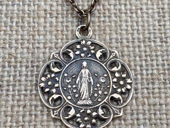 Bronze Blessed Virgin Mary Medal Pendant Necklace, In a Flower Garden, French Antique Replica, Our Lady of Lourdes, 19th Anniversary Gift