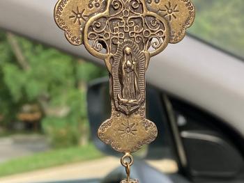 Bronze Rearview Mirror Our Lady of Guadalupe Cross, Religious Car Accessory, Castilian Rose, Cross to hang from Mirror, Antique Replica