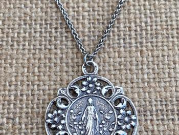 Sterling Silver Mary in a Flower Garden Our Lady of Grace Lourdes Antique Replica Medal Necklace Marian Holy Virgin Mother Fatima, Catholic