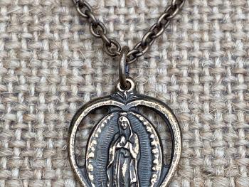 Bronze Our Lady of Guadalupe Medal Pendant Necklace, Antique Replica from Mexico, Heart Pendant, Blessed Virgin Mary, Virgin of Guadalupe