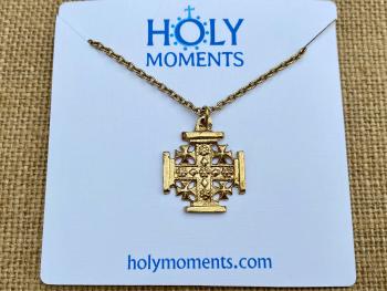 Gold Jerusalem Cross Pendant Necklace, Antique Replica Medal, Crusader's Cross, Five Wounds of Christ, Cross-and-Crosslets, Heraldic Cross