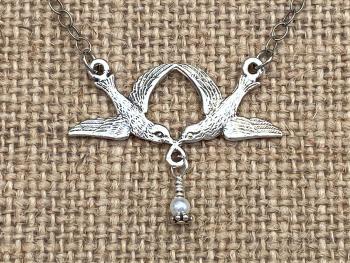 Sterling Silver Two Doves Pendant Necklace, Dangling Swarovski White Pearl, Wedding Necklace, Bridesmaid Gifts, Anniversary Gift, 2 Doves