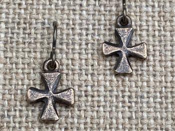 Bronze Cross Earrings, French Hooks, African Antique Replicas, Simple Small Dangling Crosses, Beautiful with Holy Moments Bronze Medals!