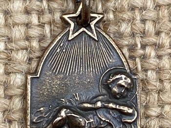 Bronze Small Gloria Deo Medal, Baby Jesus in the Manger Pendant, Antique Replica, Religious Christmas Necklace, Religious Christmas Jewelry