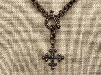 Bronze Old Coptic Trinity Cross Pendant Necklace, Antique Replica, Front Toggle Clasp, Unusual Cross Necklace, Boho Chic Christian Necklace