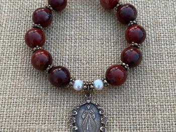 Divine Mercy Chaplet, Rosary Bracelet, Bronze Antique Replica Medal, Jesus I Trust in You, Jasper Gemstones, Freshwater Pearls, St Faustina