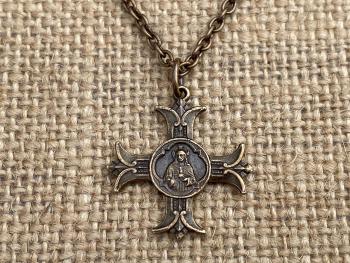 Bronze Sacred Heart of Jesus Cross Pendant Necklace, Antique Replica Medal, Sacre Coeur de Jesus, Apostolat du Coeur de Jesus, 18 inch Chain