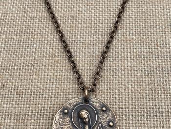 Bronze Virgin Mary & Baby Jesus, Antique Replica, Large Medal Pendant Necklace, Fleur de Lis, Our Lady, Holy Mother, Ellie Elie Pellegrin