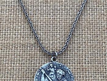 Sterling Silver St. Saint Christopher Medal on Wheat Chain Necklace, Antique Replica, Patron Saint of Travelers, Saint of Safe Travels