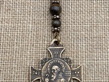 Bronze Rearview Mirror Saint Benedict Cross Medal, Antique Replica, Adjustable Length Chain, Bronzite Gemstones, Dangling Mirror Accessory