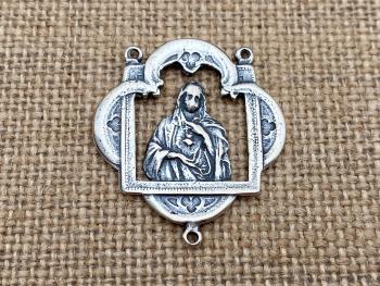 Large Mary Rosary Center, Immaculate Heart of Mary, Sterling Silver, Antique Replica, Over 1 inch, Oversized, Big, Catholic Rosary Parts