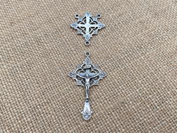 Antique Replica Rosary Center and Crucifix Set in Oxidized Sterling Silver Radiant Design DIY Do it yourself Catholic Parts Reproductions