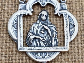 Large Mary Rosary Center, Immaculate Heart of Mary, Sterling Silver, Antique Replica, Over 1 inch, Oversized, Big, Catholic Rosary Parts