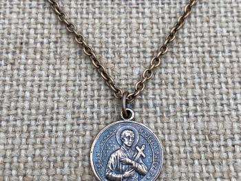 Bronze Saint Gerard Majella Medal Pendant Necklace, French Antique Replica, Artist Penin, Patron Saint of Expectant Mothers, of Fertility