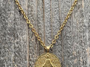 Gold French Miraculous Medal Pendant, Antique Replica, Long 28" Necklace, France Our Lady of the Miracle, Our Lady of Lourdes Fatima MM1