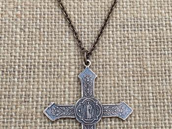 Rare Bronze Saint Benedict Cross Pendant, French Antique Replica, St Benedict Medal Necklace, 19th Century France, Ordo Sancti Benedicti OSB