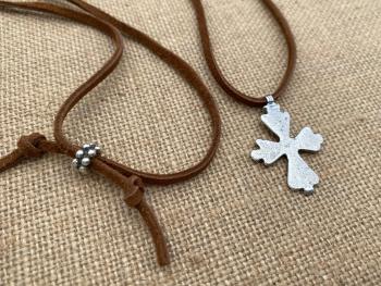 Oxidized Sterling Silver Coptic Cross Pendant on Brown Suede Lace Necklace, Adjustable Length, Slider Bead, Ethiopian Antique Replica Cross