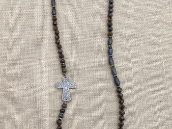 Bronze Sideways Cross Long Necklace, Bronzite Gemstone Necklace, Antique Replica Cross, Faceted Star Cut Beads, Artisan Christian Necklace