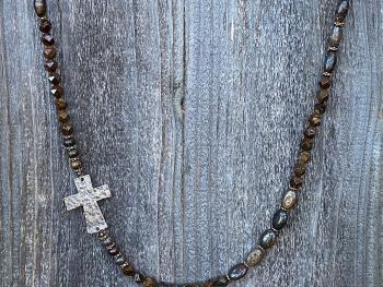 Bronze Sideways Cross Long Necklace, Bronzite Gemstone Necklace, Antique Replica Cross, Faceted Star Cut Beads, Artisan Christian Necklace