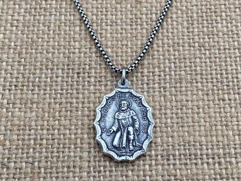 St. Peregrine Pray for Us Sterling Silver Antique Replica Medal Necklace - Patron Saint of Cancer - Saint Peregrinus Laziosi Pellegrino Gift