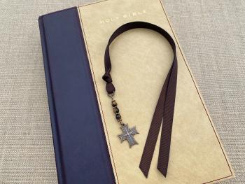 Bronze Holy Spirit Cross Bookmark, Bible Bookmark, Confirmation Gift, Yellow Tigereye Gemstone, Brown Ribbon, Confirmand, Catholic Book Mark