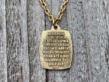 Antique Gold St. Francis of Assisi Blessing Prayer Medal Pendant Necklace Saint Catholic Italian Antique Replica Lord Bless You and Keep You