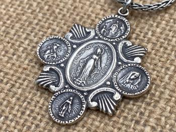 Sterling Silver Rare Marian Devotions Medal, Pendant, Necklace, Antique Replica, Miraculous Medal, Immaculate Heart, Our Lady of Lourdes