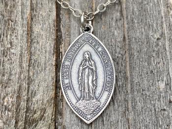Sterling Silver French Immaculate Conception & Sacred Heart of Jesus Antique Replica Medal Necklace, Our Lady of Lourdes France, Holy Mother