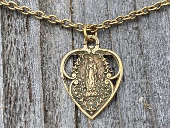 Antique Gold Our Lady of Lourdes Heart Medal, Antique Replica Necklace Immaculate Conception Mary Marian Blessed Mother Virgin Grace Pendant