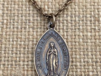 Bronze Immaculate Conception & Sacred Heart of Jesus French Antique Replica Medal Necklace Our Lady of Lourdes, Signed Penin Lyon France