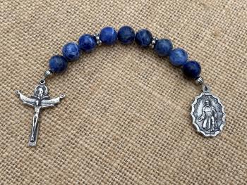 Chaplet of Saint Peregrine, Sterling Silver Medal & Crucifix, Blue Sodalite Gemstones Beads, Antique Replicas, Patron Saint Cancer Patients