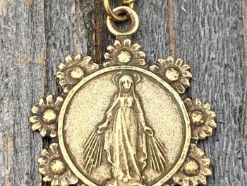 Antique Gold Our Lady of the Rosary Antique Replica Medal Pendant Necklace, Lourdes Virgin Mary, Blessed Mother, Our Lady of the Cape Shrine