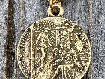 Antique Gold St. Peregrine Laziosi Medal and Necklace - Patron Saint of Cancer - Saint Peregrinus Pellegrino on an Antique Gold Cable Chain