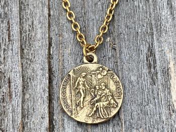 Antique Gold St. Peregrine Laziosi Medal and Necklace - Patron Saint of Cancer - Saint Peregrinus Pellegrino on an Antique Gold Cable Chain