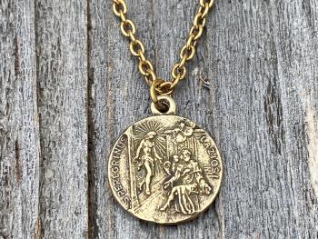 Antique Gold St. Peregrine Laziosi Medal and Necklace - Patron Saint of Cancer - Saint Peregrinus Pellegrino on an Antique Gold Cable Chain