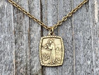 Antique Gold St. Francis of Assisi Blessing Prayer Medal Pendant Necklace Saint Catholic Italian Antique Replica Lord Bless You and Keep You