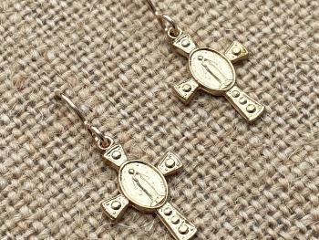 Gold Miraculous Medal Cross Earrings, Antique Replicas, French Hooks, Dangling Cross Earrings, Blessed Virgin Mary, Our Lady of the Miracle