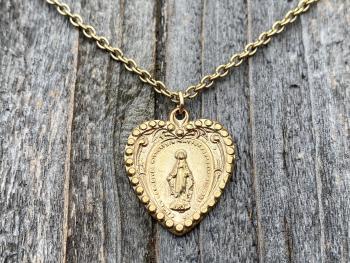 Shiny Gold Heart Shaped Miraculous Medal Pendant Necklace, Antique Replica, Our Lady of Lourdes, Immaculate Conception, Marian Catholic Gift